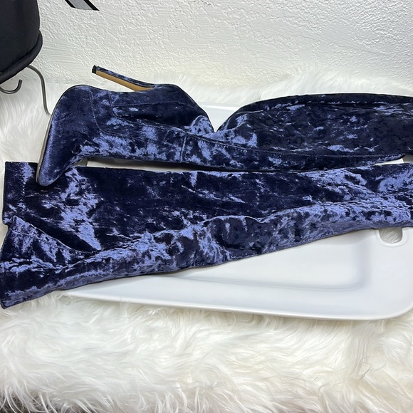 Blue Velvet Thigh High Women's Boots - Picture 3 of 8